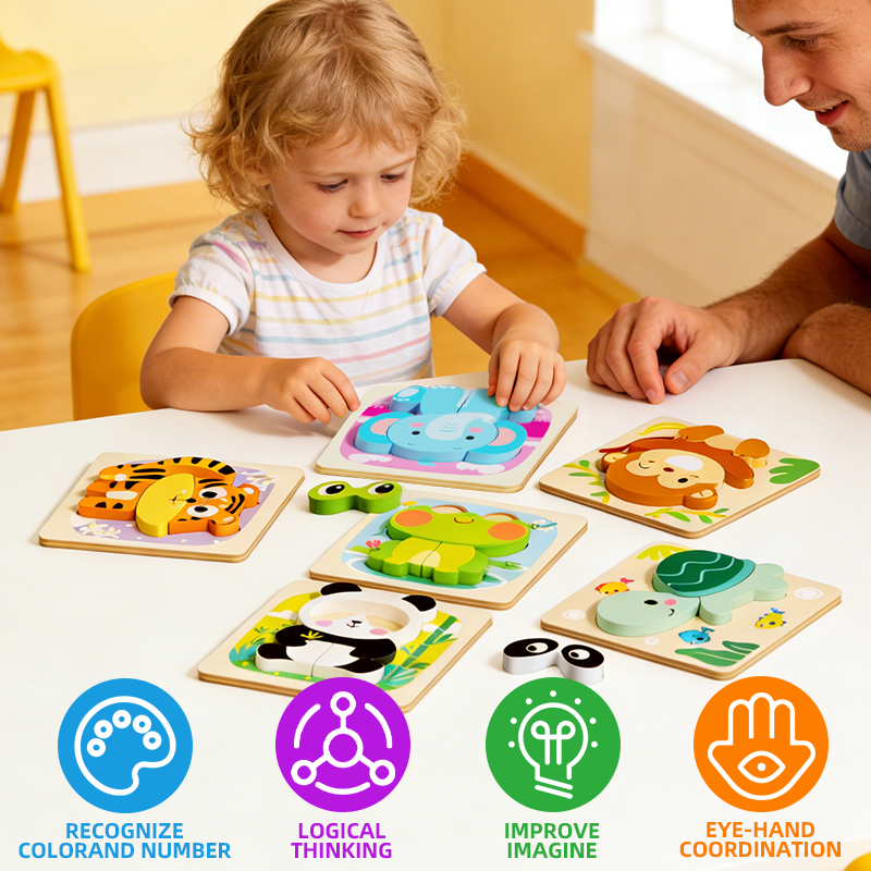 Safe natural wood animal puzzles for early learning