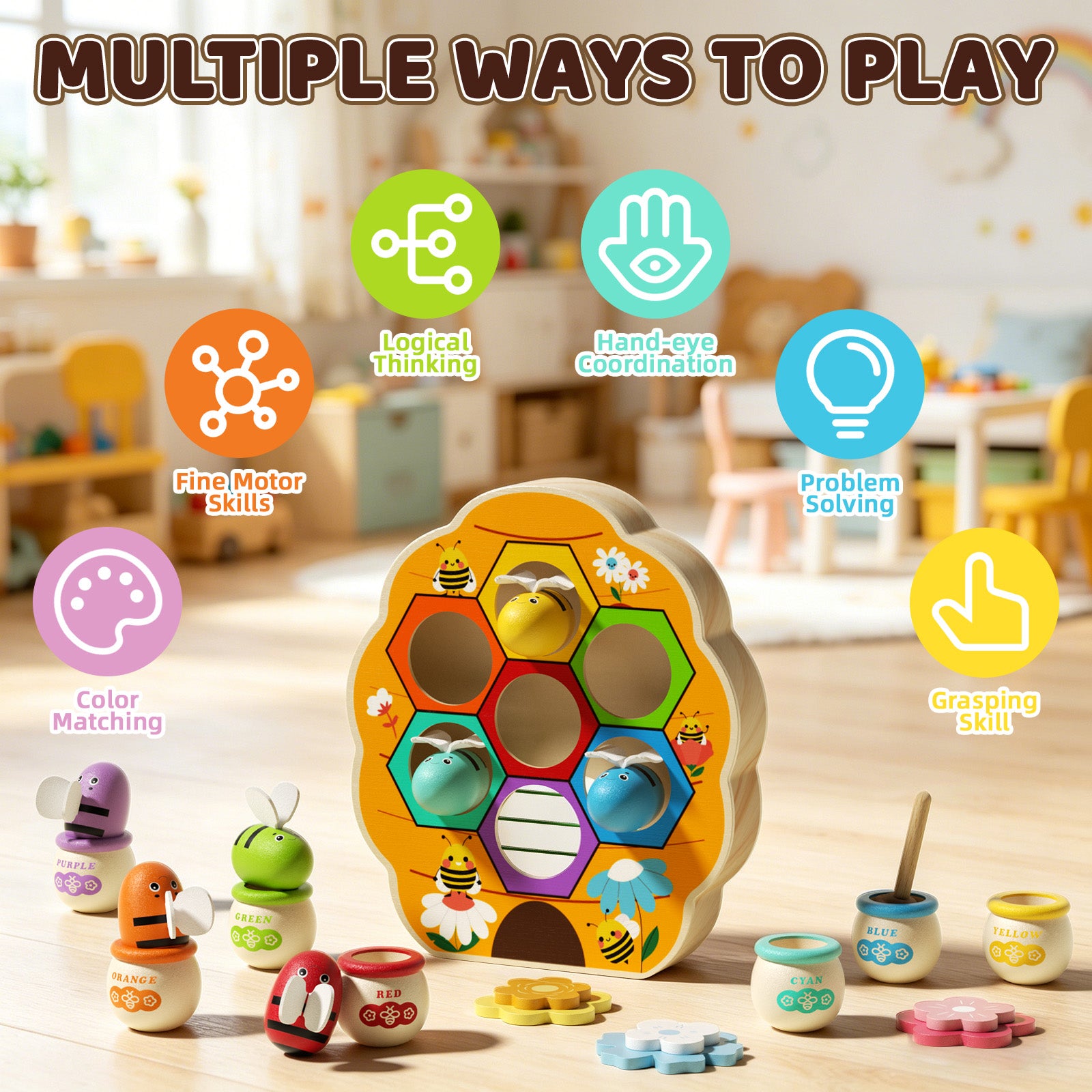Safe natural wood beehive toy for early learning