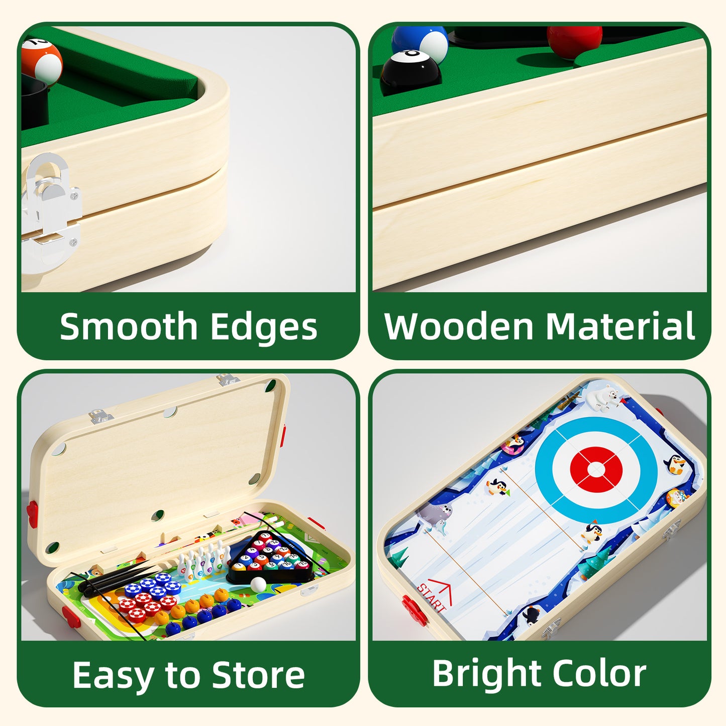 Safe natural wood kids billiard and curling game toy