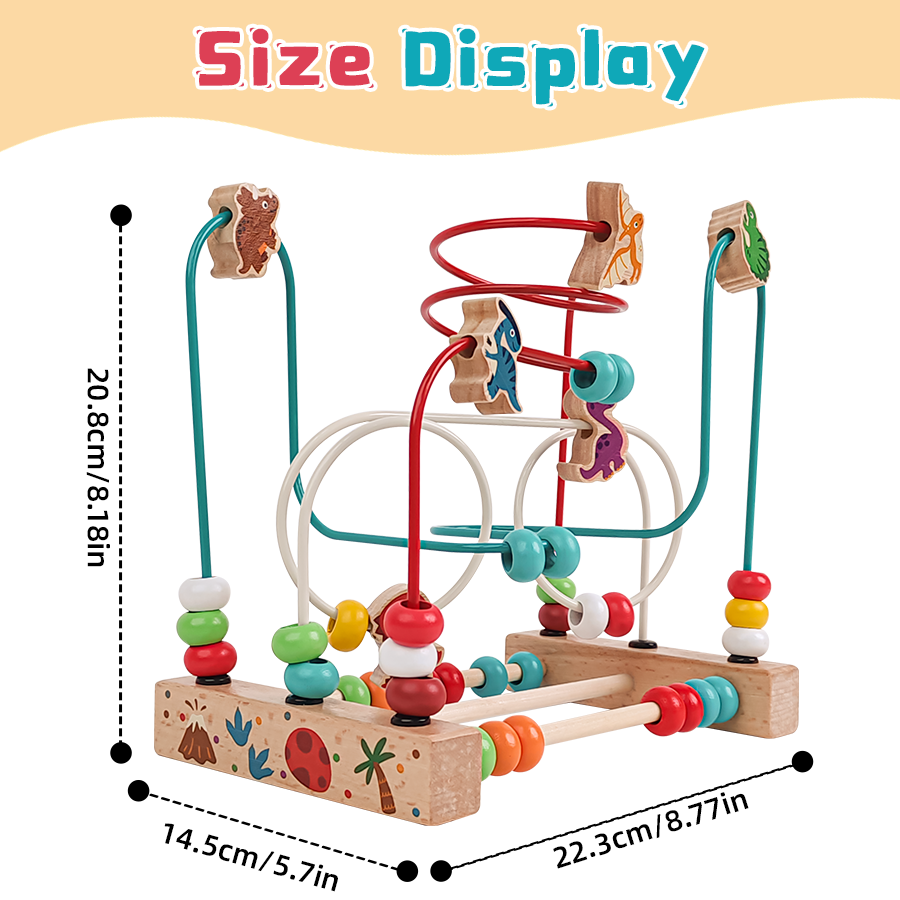 Safe natural wood dinosaur bead maze toy for early learning