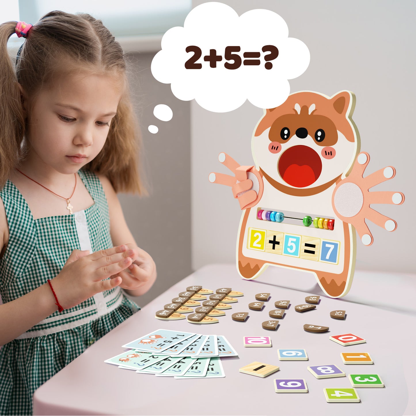 Sensory-friendly wooden raccoon math activity toy