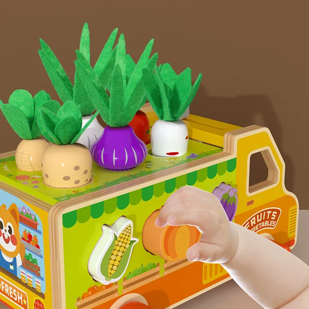 Montessori farm-themed shape matching wooden truck playset