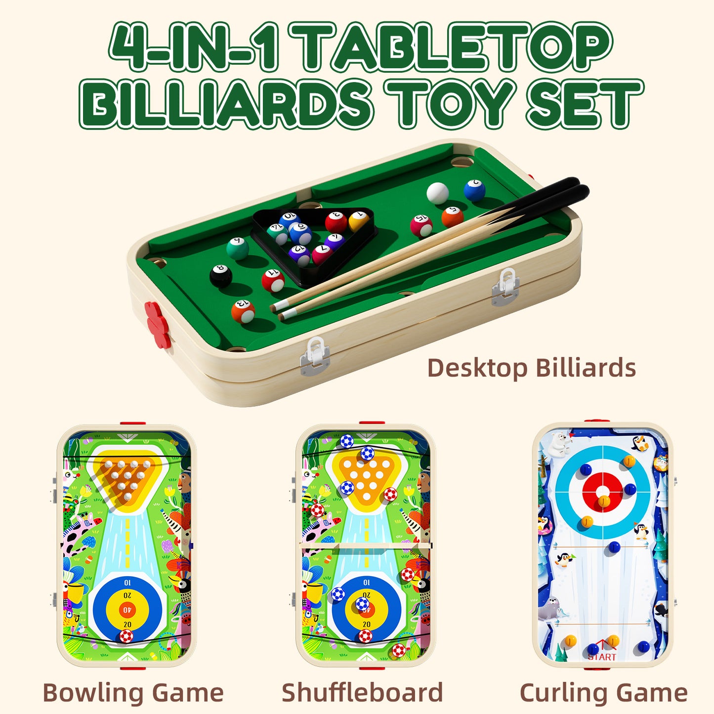 Wooden Kids Billiard & Curling Game Set