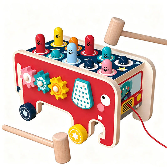 Multifunctional elephant activity wooden toy with whack-a-mole