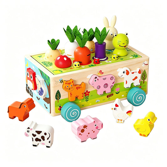 Farm animal shape sorting wooden trolley toy for toddlers