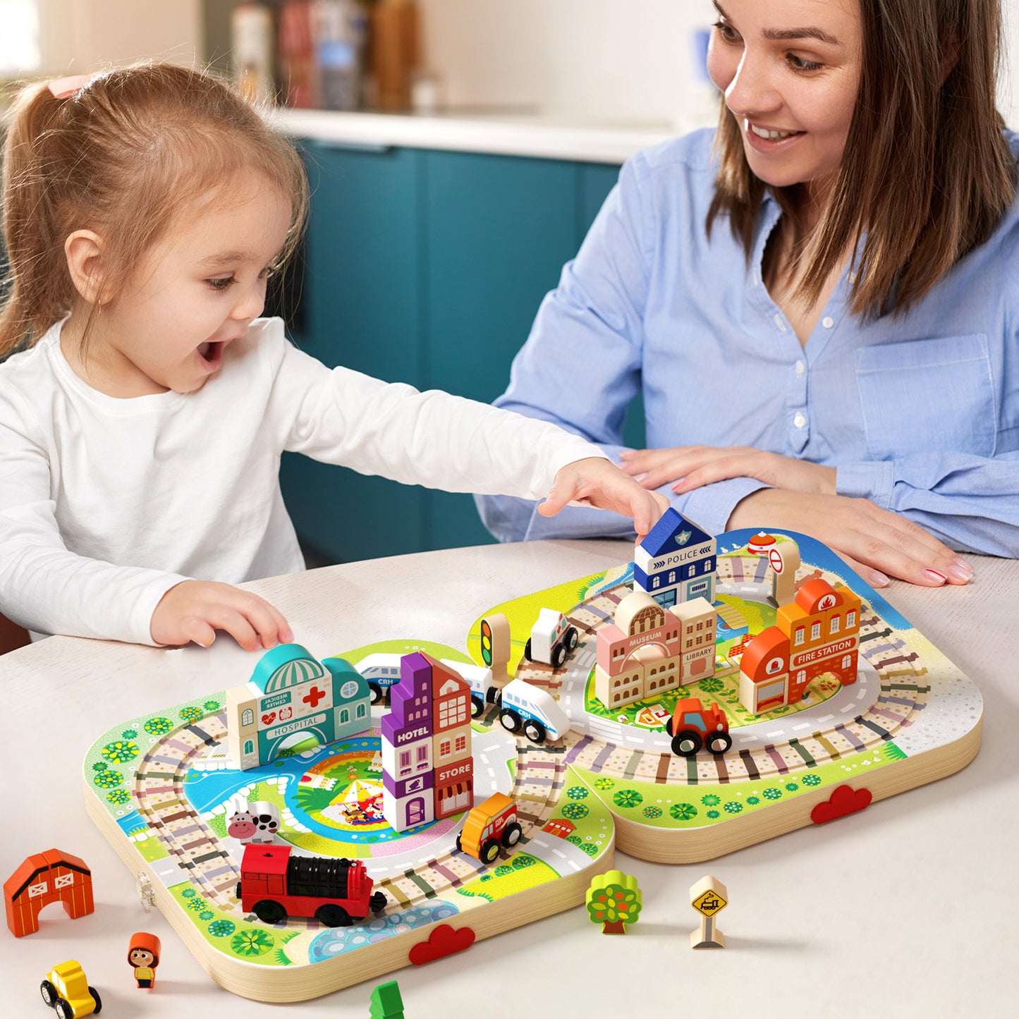 Wooden Track City Building Blocks with Red Train
